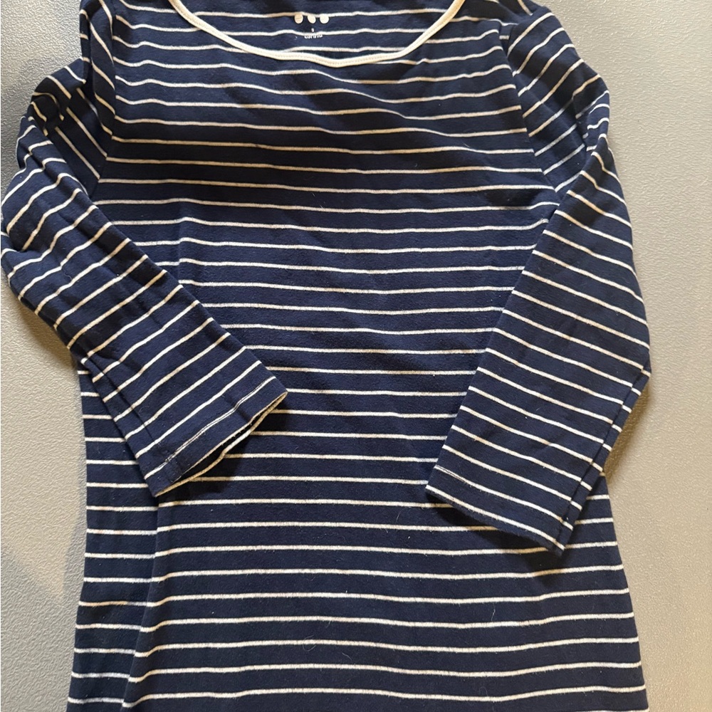 Three Dots Navy and White Striped Top